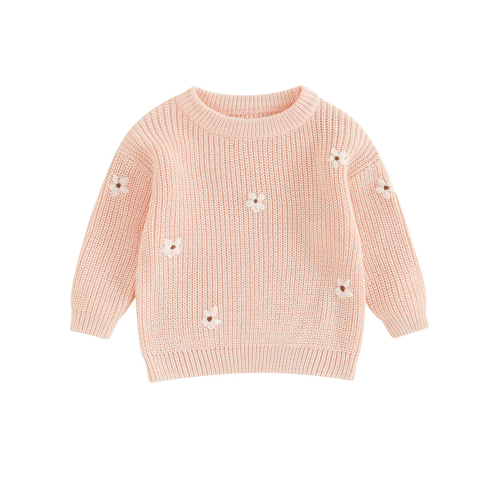 A soft knitted sweater with colourful flower print, round neck and full sleeves.