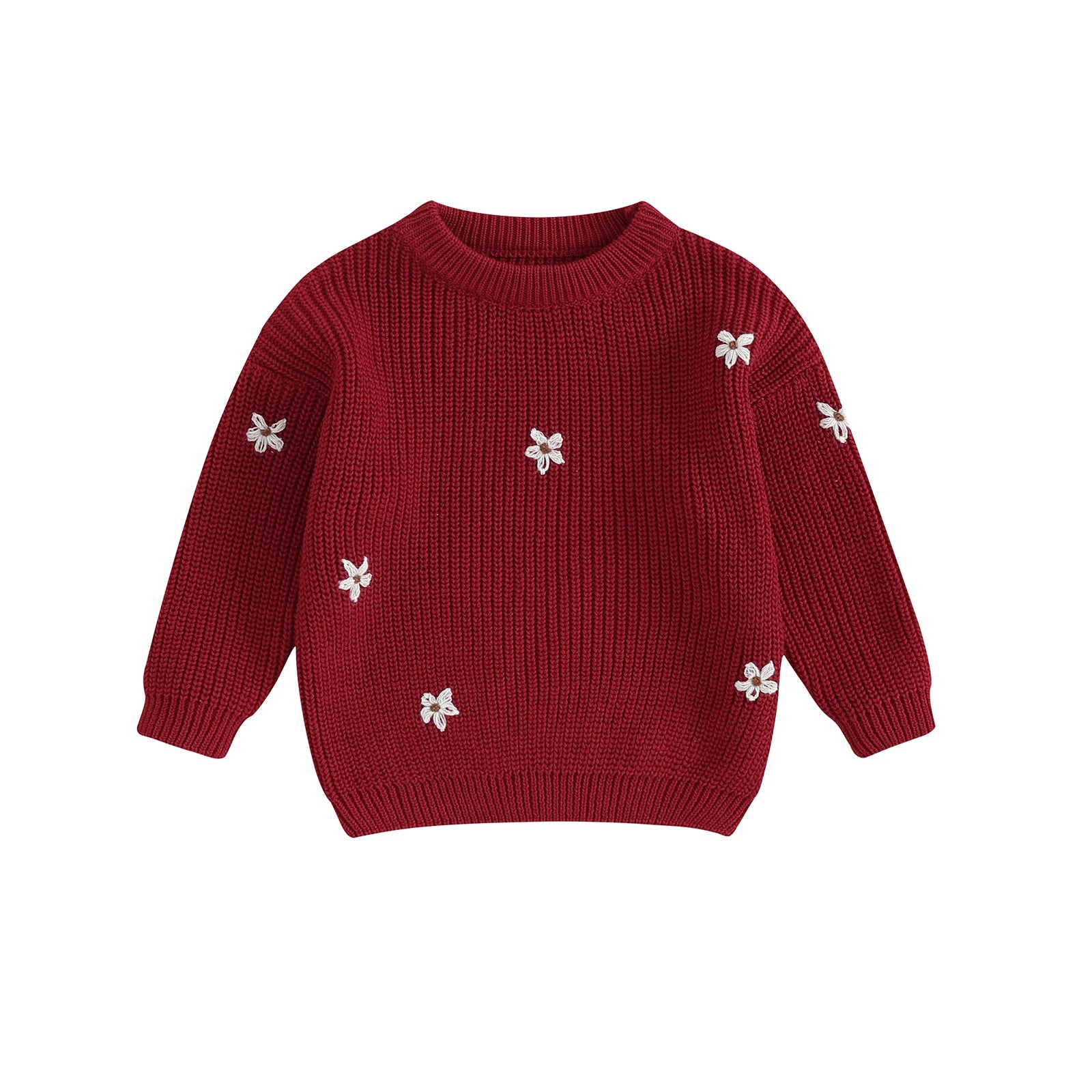 A soft knitted sweater with colourful flower print, round neck and full sleeves.