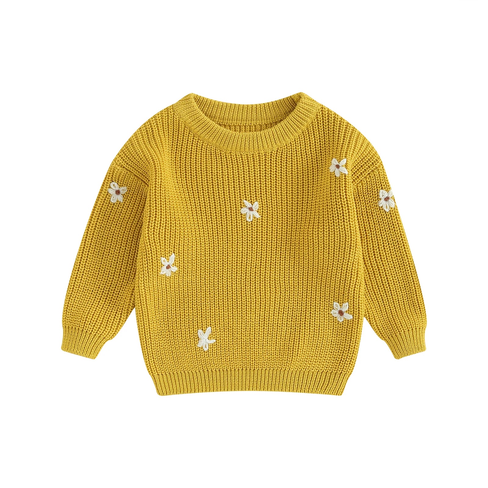 A soft knitted sweater with colourful flower print, round neck and full sleeves.