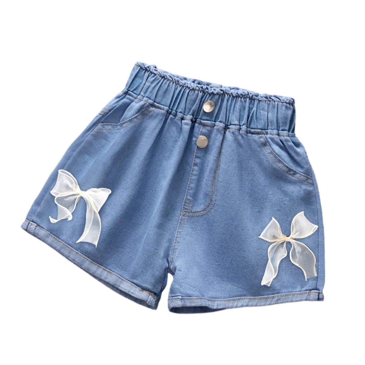 Girls denim shorts with white ribbon bow – summer kids fashion
