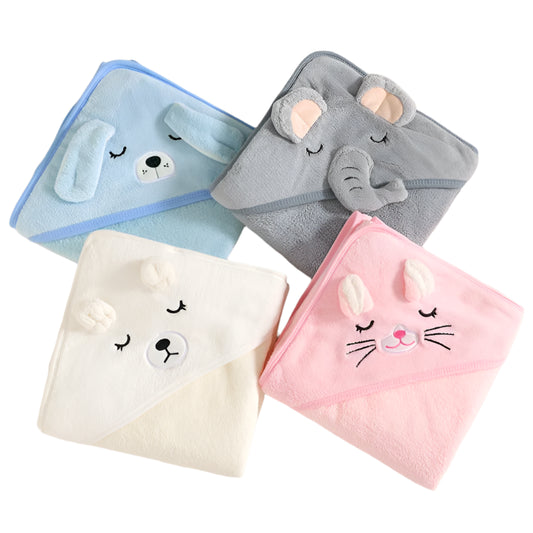 A collection of hooded baby bath towels with animal face designs on the hood, presented in blue, gray, white, and pink colors.