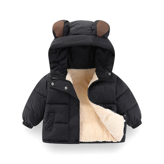 A black hooded puffer jacket with soft wool lining inside. 