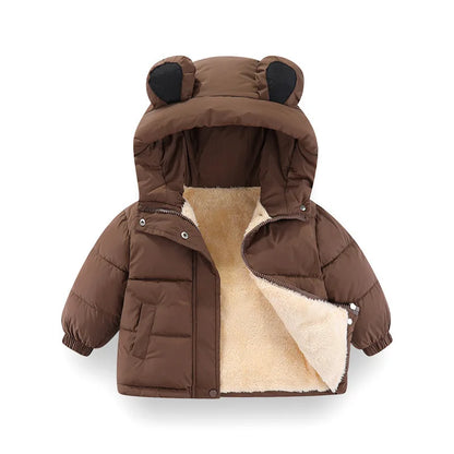 A brown hooded puffer jacket with soft wool lining inside. 