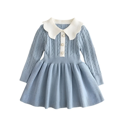 Soft long-sleeve knitted dress for girls in blue