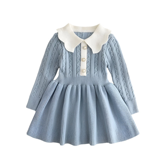 Soft long-sleeve knitted dress for girls in blue