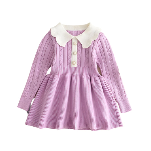 Soft long-sleeve knitted dress for girls in purple