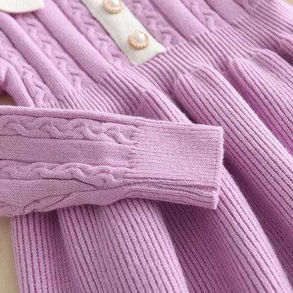Soft long-sleeve knitted dress for girls in purple