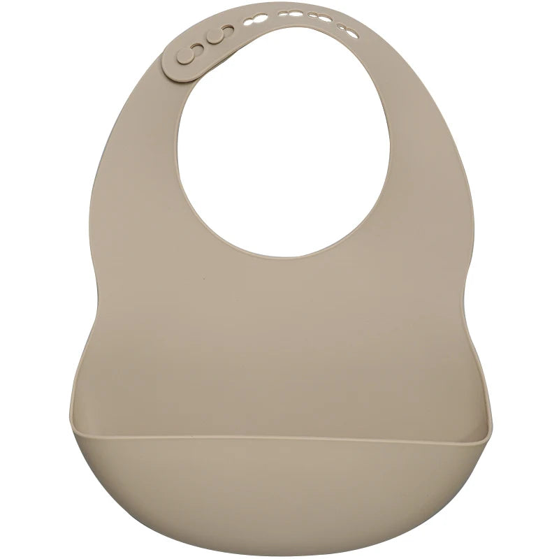 Taupe Silicone waterproof baby bib – soft easy-clean feeding bib with pocket