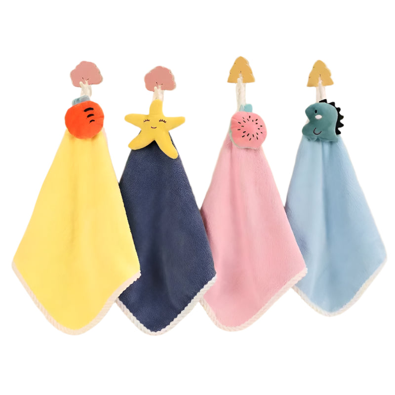 A set of small face towels for babies, displayed in a row with different colors and decorative animal faces on the corners.